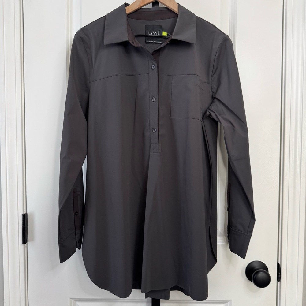 Lysse Black Button Front Tunic Blouse Stretch Long Sleeve Top Size L NWT